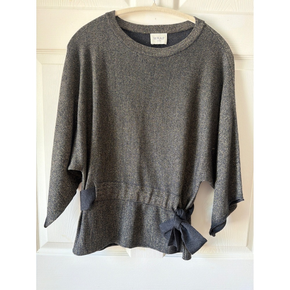 Wrap London Sweater Women US 4/6 Gold Sparkly Wool Blend Batwing Side Tie Chic